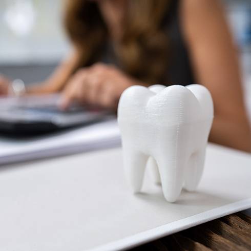 Person typing on calculator with model of tooth on desk