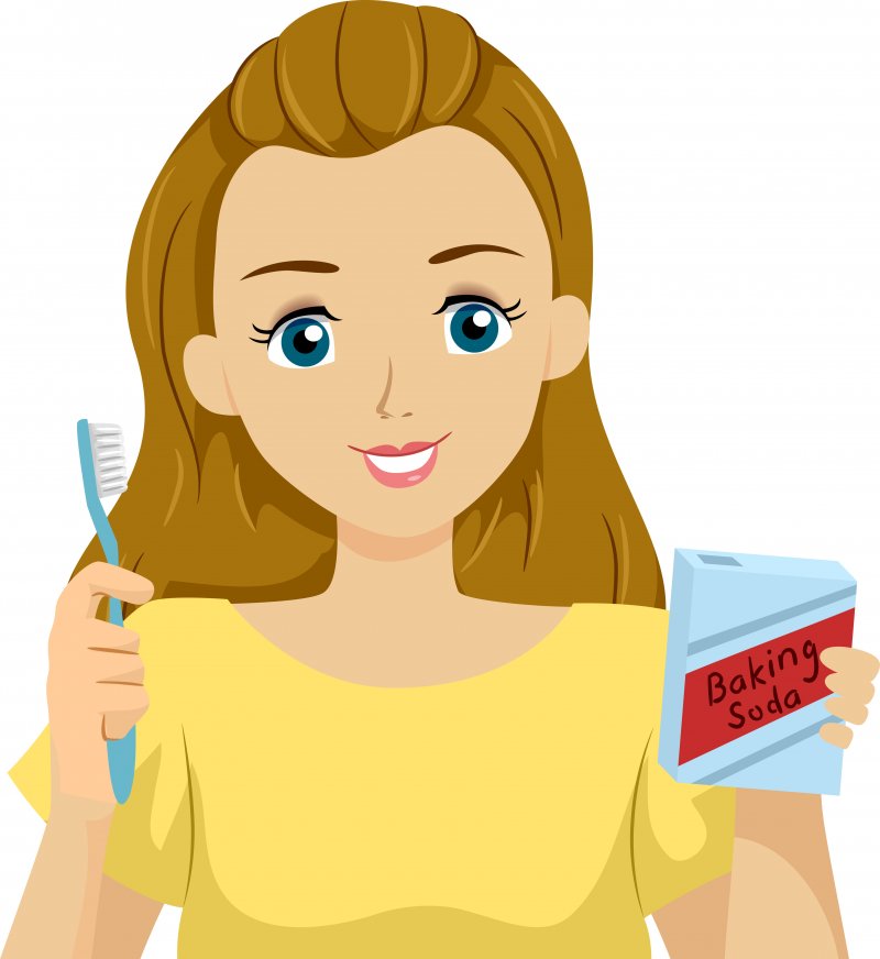 Cartoon woman holding toothbrush and baking soda